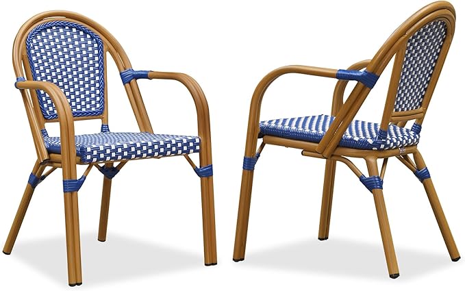 PURPLE LEAF French Bistro Chairs Set of 2 Aluminum Wicker Rattan Hand-Woven Armchairs Outdoor Dining Chairs for Patio Kitchen Garden Bamboo Print Finish Deep Blue