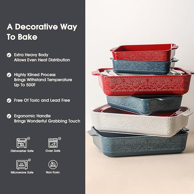 Ceramic Baking Dish Set of 3, Casserole Dishes for Oven, Ideal for Baking, Stewing, Roasting, and Holiday Feasts. The Gift for Mother's Day, Thanksgiving, Christmas, or Housewarming