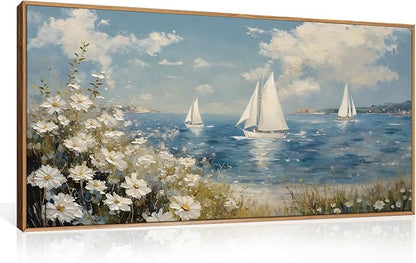 FWIEXA Coastal Wildflower Canvas Wall Art Framed, Ocean Sailboats Pictures Wall Decor, Beach Flower Seascape Painting, Blue Sky 20x40In Artwork for Living Room, Bedroom, Bathroom, Rustic Farmhouse