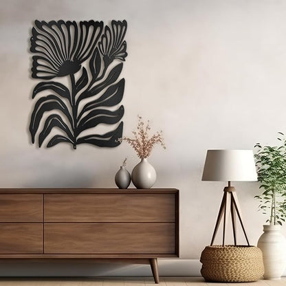 SIGNLEADER Metal Wall Art Decor Botanical Flower Minimalist Modern Abstract Wall Sculpture Hangings Home Decoration for Living Room, Bedroom, Bathroom, Kitchen, Outdoor - 24" Black