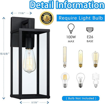 Outdoor Wall Lantern, 15" Large Exterior Waterproof Wall Sconce Light Fixture, Anti-Rust Black Porch Lights Mount Lighting for Outside, Patio,Front Back House, Garage, Entryway