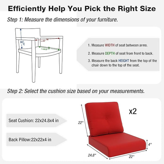 Joyside Outdoor Chair Cushions Set, 22x25/22x24 Inch Patio Furniture Deep Seat Cushions, Water Resistant & Thick Cushion, Outdoor Replacement Cushions for Seat and Sofa (Red, 2 Set)