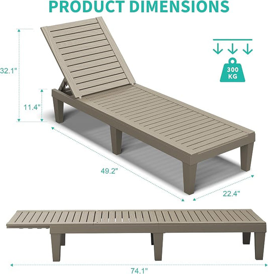 Outdoor Chaise Lounge Chairs Set of 2, 5-Position Adjustable Tanning Lounge Chairs with Wood Texture, All-Weather Resin Patio Lounge Chair for Pool, Garden, Deck, Beach, Striped Grey