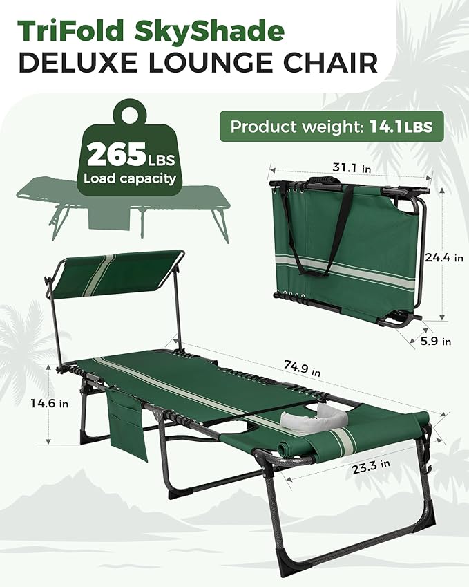 KingCamp Tanning Chair with Face Hole, Lounge Chairs Outdoor Folding Portable Comfy Adjustable 5-Position Foldable Chaise Chaser with Canopy Shade for Outside Beach Patio Sun Bathing Pool, Green/White