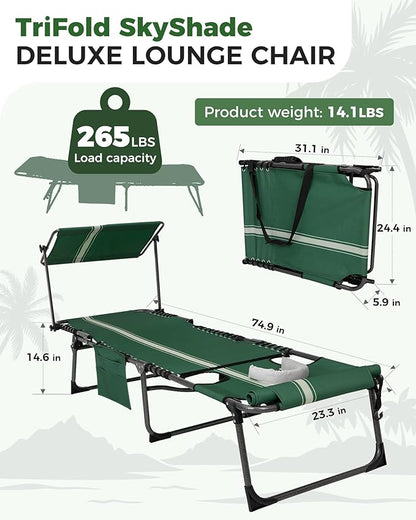 KingCamp Tanning Chair with Face Hole, Lounge Chairs Outdoor Folding Portable Comfy Adjustable 5-Position Foldable Chaise Chaser with Canopy Shade for Outside Beach Patio Sun Bathing Pool, Green/White