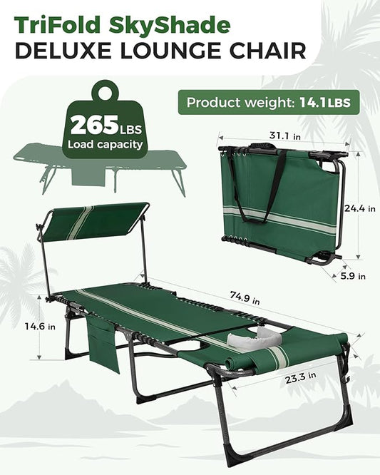 KingCamp Tanning Chair with Face Hole, Lounge Chairs Outdoor Folding Portable Comfy Adjustable 5-Position Foldable Chaise Chaser with Canopy Shade for Outside Beach Patio Sun Bathing Pool, Green/White
