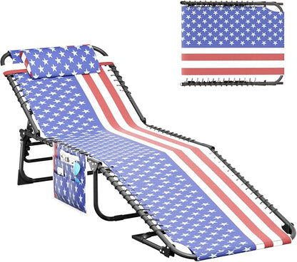 Outdoor Folding Lounge Chair, 4-Level Reclining Backrest Chaise Lounge, Removable Pillow & Side Pocket Design, Portable Tanning Chair for Poolside, Beach, Patio, Backyard, Tricolor Stripe
