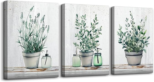 MHARTK66 Canvas Wall Art For Bedroom Living Room Canvas Prints Artwork Bathroom Wall Decor Green Plants Painting 16" X 24" 3 Pieces Modern Framed Ready To Hang Office Home Decorations