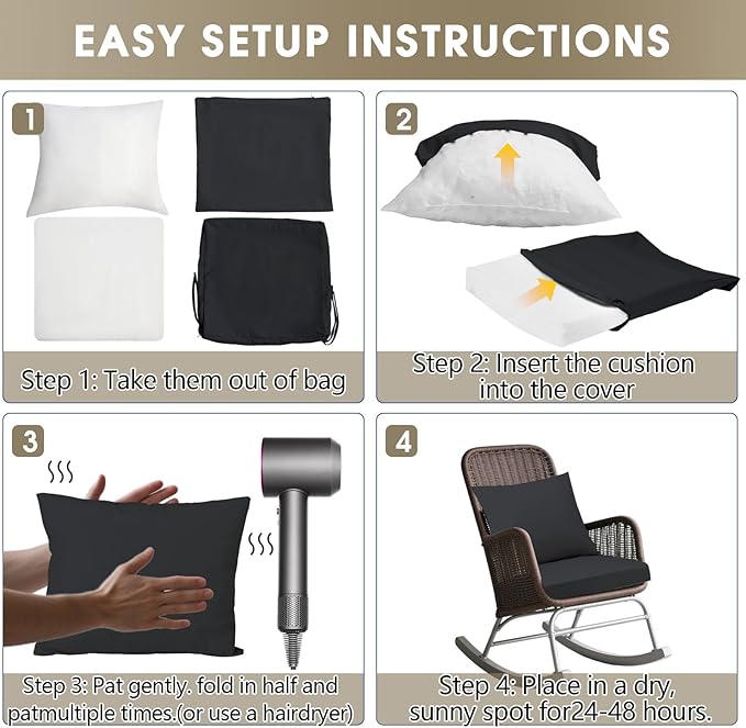 Outdoor Seat Cushion Set 24 x 24 In, Water-Resistant & Fade-Resistan, Patio Furniture Cushions with Removable Cover Deep Seat & Back Cushion with Handle and Adjustable Straps for Chair Sofa,1PC