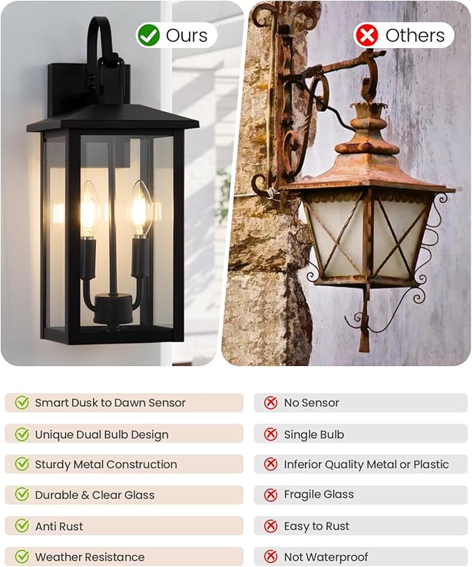Dusk to Dawn Outdoor Wall Lights for House, Black Exterior Light Fixture with Photocell Sensor, Outdoor Sconce Lights with E12 Base, Waterproof Wall Lantern for Porch Garage Patio, Bulb Not Included