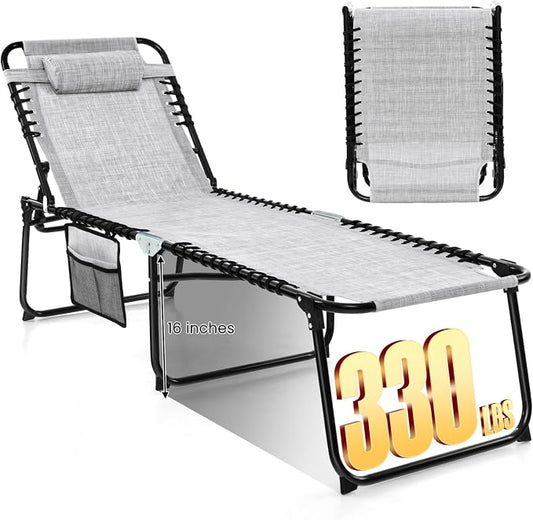 GYMAX Lounge Chairs for Outside, Extra High Folding Beach Tanning Lounger with Adjustable Backrest, Footrest & Removable Pillow, Sunbathing Lounge for Patio, Poolside (1, Grey with Pocket)