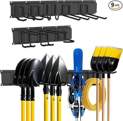Garage Tool Organizer Wall Mount, Easy to 64inch Install Heavy-Duty Garage Storage System with Adjustable 9 Hooks, Garden Tool Rack for Shovels, Rakes, Yard Tools