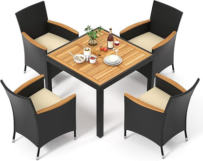Tangkula 5 Pieces Patio Dining Table Set for 4, Rattan Conversation Set with Umbrella Hole, Seat Cushions & Acacia Wood Tabletop, Outdoor Dining Table with 4 Chairs for Backyard, Poolside & Deck