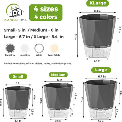5 Pack Self Watering Pots for Indoor Plants, 5/6.7/8.4 in Self Watering Planters African Violet Self Watering Clear Pots for Plants Herb Orchid Flower Houseplant Pots, Dark Grey