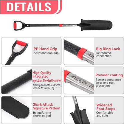 SHARK ATTACK Spade Shovel, 43in Heavy Duty Drain Spade for Digging, Ergonomic No-Slip H-Grip Handles, Oversized Steps and D Handle for Gardening, Land Management, Yard Work, Farming and Transplanting