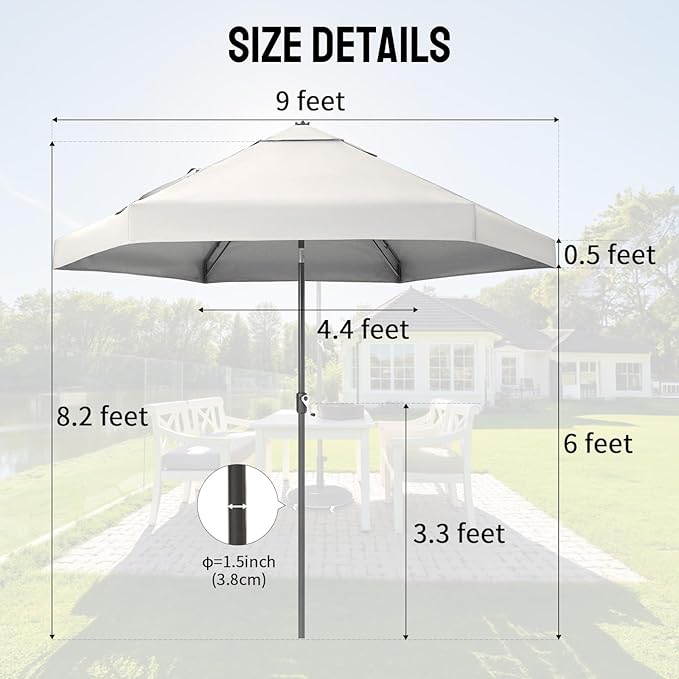 CROWN SHADES 9 Ft Patio Umbrella with Auto-Tilt & Olefin Fabric - Patented 90° Edge Connection Wind Resistant, Outdoor Umbrella for Table, Pool, Beach, Effortless Crank System
