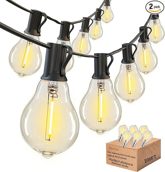 DAMAING 200FT LED Outdoor String Lights with 100+5 Shatterproof Edison LED Bulbs A39, Waterproof Commercial Grade Patio String Lights for Outside Porch Backyard Garden Deck Decor, 2200K Dimmable