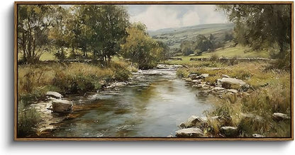 InSimSea Extra Large Framed Vintage Wall Art, Living Room Country Farmhouse Decor, River Rolling Hills Landscape Canvas Prints, Retro Scenery Long Picture for Bedroom Above of Bed, 20x40inch