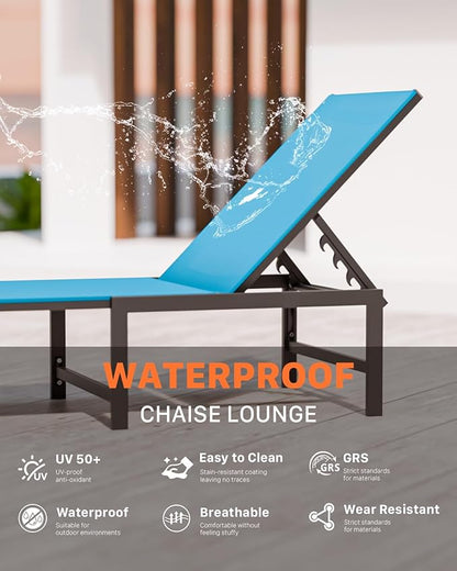 Chaise Lounge Chair Outdoor,Aluminum Patio Lounge Chairs Set of 2, Adjustable 5-Position Recliner and Full Flat Tanning Chair with Pillow for Pool, Outside,Beach,Blue