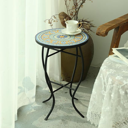 VCUTEKA Mosaic Side Table, 21" Round End Table with 14" Ceramic Tile Top, Patio Accent Table Indoor and Outdoor End Table for Yard, Garden, Living Room, Bistro Balcony or Lawn