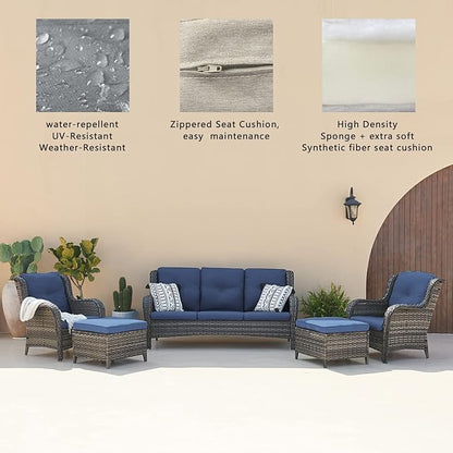Rilyson Outdoor Patio Wicker Furniture Set - 5 Piece Rattan Patio Conversation Sectional Sofa Set with 1 Couch,2 Armchairs,2 Ottomans for Porch Deck Garden(Mixed Grey/Blue)