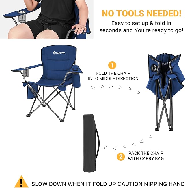 KingCamp Oversized Heavy Duty Camping Chairs 2 Pack, Padded Compact Folding Portable Chair with Cooler Cup Holder Side Pocket for Outdoor Sports Lawn Backyard Backpack Supports 300 lbs, Blue