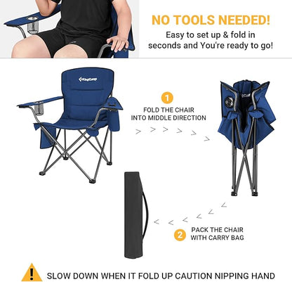 KingCamp Oversized Heavy Duty Camping Chairs 2 Pack, Padded Compact Folding Portable Chair with Cooler Cup Holder Side Pocket for Outdoor Sports Lawn Backyard Backpack Supports 300 lbs, Blue