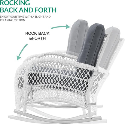 VIVIJASON 3-Piece Outdoor Conversation Bistro Set, Patio Wicker Rocking Chairs Rattan Furniture Sets w/ 2 Rattan Chairs, Cushions, Glass Top Side Table for Garden Porch Backyard (White Wicker/Grey)