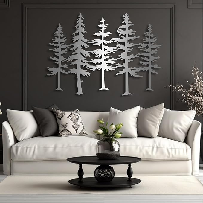 Pine Tree Metal Wall Art, Big Pine Trees Metal Wall Art, Metal Pine Tree Art, Metal Minimalist Pine Wall Decor, Nature and Forest Decor, Tree Decor Wall Hanging, Nature Lover Gift (Sliver-Tree2, 33"x 24"| 86x62cm)