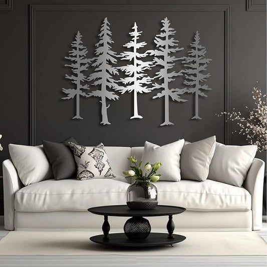 Pine Tree Metal Wall Art, Big Pine Trees Metal Wall Art, Metal Pine Tree Art, Metal Minimalist Pine Wall Decor, Nature and Forest Decor, Tree Decor Wall Hanging, Nature Lover Gift (Sliver-Tree2, 41"x 29"| 105x76cm)