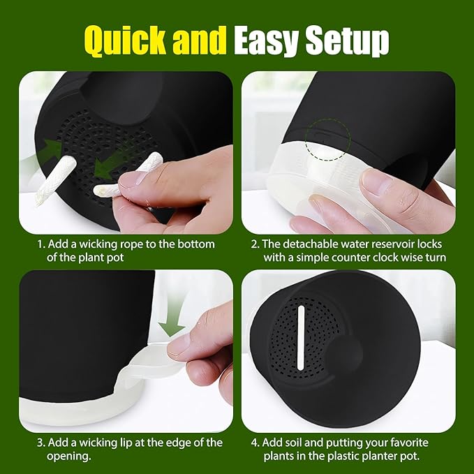 Plant Pots 4 Inch Self Watering Pots,6 Pack Plastic Planters with Drainage Holes and Clear Saucers,Plastic Flower Pots,Nursery Planting Pot for Indoor Out Door Plants (Black, 4 inch)