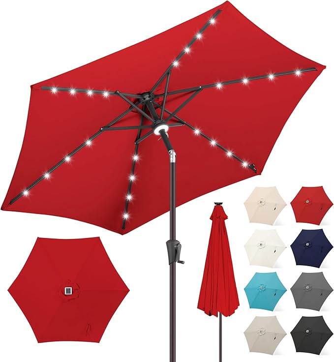 FLAME&SHADE 7.5 ft Solar Powered Outdoor Market Patio Table Umbrella with LED Lights and Tilt, Red