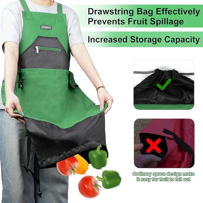 Garden Apron,Harvest Aprons with Drawstring Bag and Pockets for Women and Men,Canvas Fruit Picking Apron