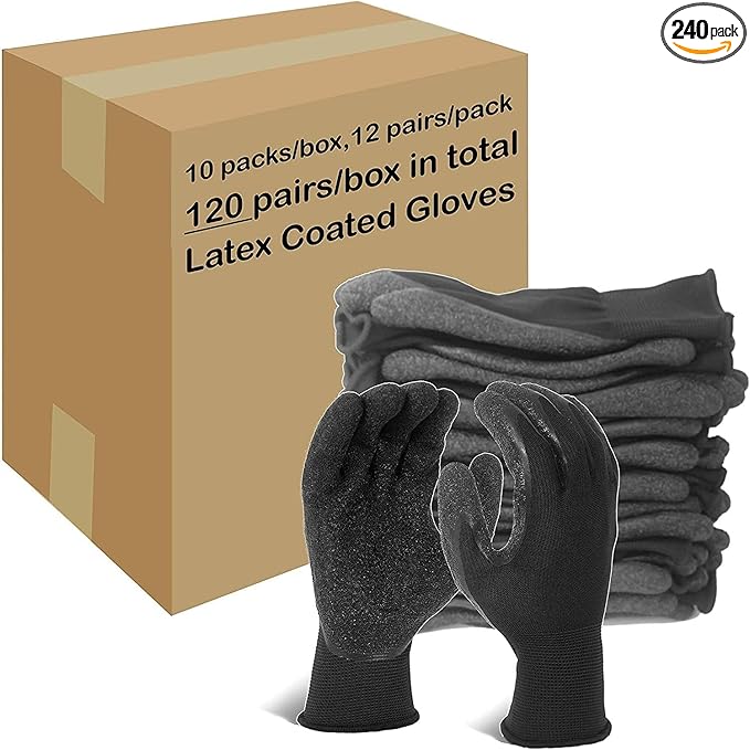 Evridwear Crinkle Latex Rubber Hand Coated Safety Work Gloves for Men Women General Multi Use Construction Warehouse Gardening Assembly Landscaping,Black Large 120 Pairs Pack