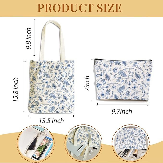 Flower Plant Lover Gifts for Women Canvas Tote Bag with Makeup Bag Cosmetic Bags Grocery Bags for Shopping Christmas