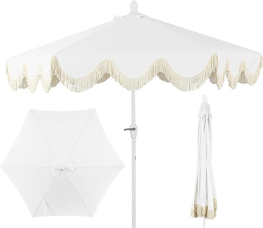 JONATHAN Y UMB1001 Collins 9 ft. Classic Cottage Tassel Market Patio Umbrella with Auto-Tilt, Crank, Wind Vent and UV Protection