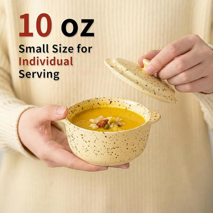 4-Piece 10 Oz Mini Ceramic Cocotte Set with Lids & Handles - Oven-Safe Casserole Dishes Ideal for Souffle, Soup, Cobbler & More, Stoneware Baking Ramekins, Yellow