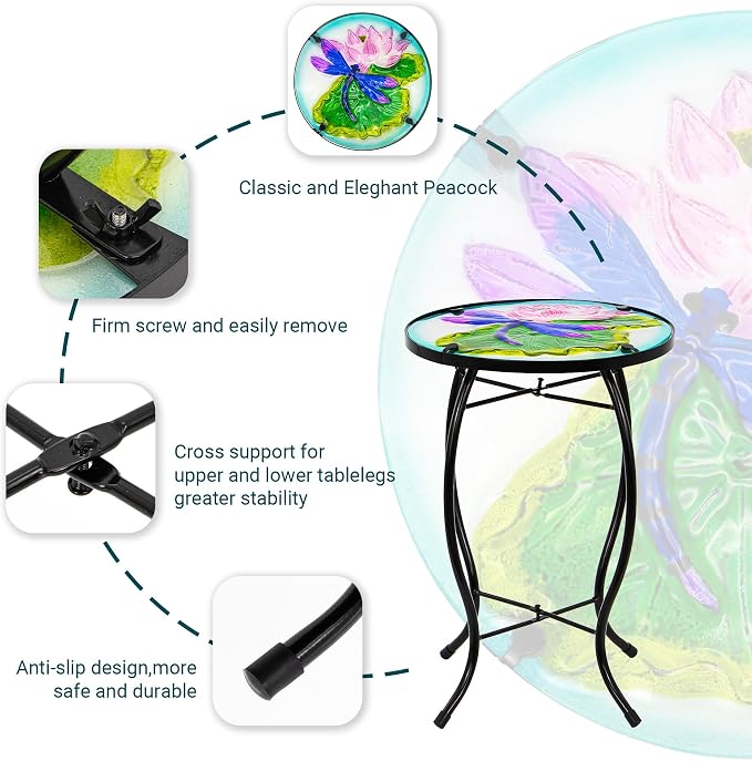 Lotus-Leaf Dragonfly Small Patio Table,Outdoor Side Bar Table, 10 Inch Metal Glass End Table for Porch Garden Yard Pool Living Room Mother's Day Decor, Mother's Day Decoration Gift
