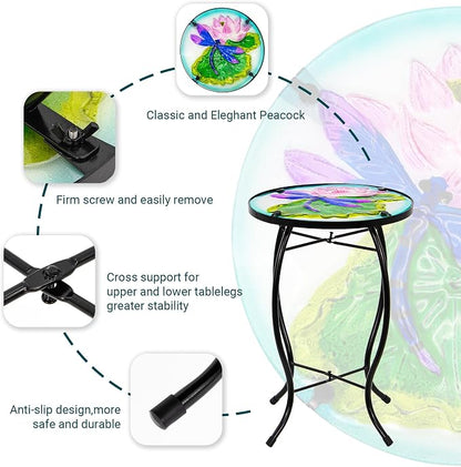 Lotus-Leaf Dragonfly Small Patio Table,Outdoor Side Bar Table, 10 Inch Metal Glass End Table for Porch Garden Yard Pool Living Room Mother's Day Decor, Mother's Day Decoration Gift