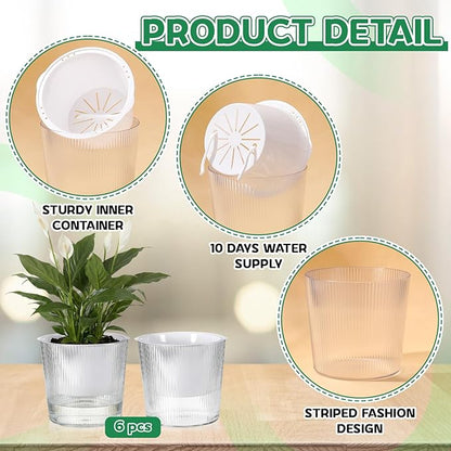 6 Pack Self Watering Pots for Indoor Plants Plastic Vertical Ribbed Semi Transparent Planters, Dual Layer Reservoir for Indoor Succulents Herbs Pothos(Clear, White,6.5 x 5.9 Inch)