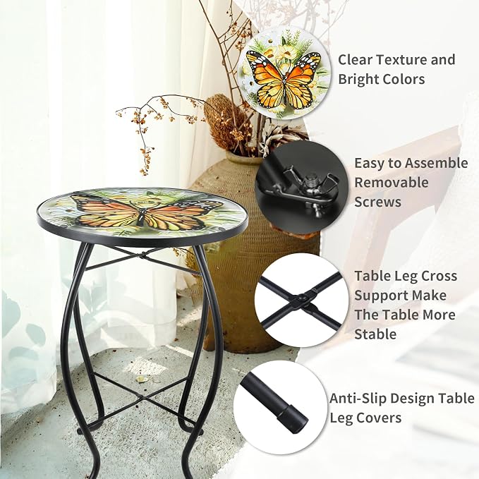 VCUTEKA Patio Side Table Outdoor Accent Table Small Mosaic Table Coffee Table End Table Porch Table Indoor Outdoor Round Glass Balcony Bistro Plant Stands Yellow Butterfly 14 inches