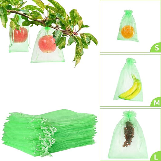 MIXC 100 Pcs Fruit Protection Bags,6''×8''Fruit Netting Bags for Fruit Trees Fruit Cover Mesh Bag with Drawstring Netting Barrier Bags for Plant Fruit Flower, Green