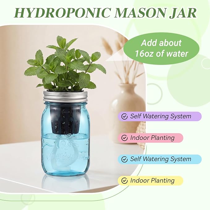 4 Set Colored Hydroponic Mason Garden Jar Bulk 16 oz Self Watering Herb Hydroponic Planter Kit with Planting Baskets Absorbent Cores for Indoor Herb Windowsill Garden Flower Grow Germination