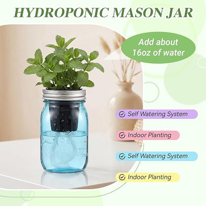 4 Set Colored Hydroponic Mason Garden Jar Bulk 16 oz Self Watering Herb Hydroponic Planter Kit with Planting Baskets Absorbent Cores for Indoor Herb Windowsill Garden Flower Grow Germination