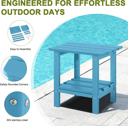 Adirondack Outdoor Side Table, 2-Tier Small Patio End Table, Weather Resistant HDPE Outdoor End Tables for Garden, Lawn, Pool, Beach, Porch, Deck, Backyard - Square, Turquoise