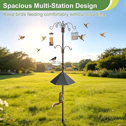94" Bird Feeding Station Kit with Metal Squirrel Baffle, Heavy Duty Metal Bird Feeding Station with Seed Tray＆Mesh Basket, Easy Assembly Ground Mounted Bird Feeder Pole for Garden Yard Outdoor