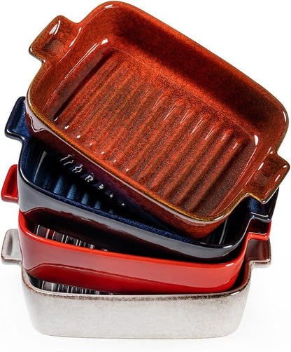 Ceramic Baking Dishes, 18 oz Au Gratin Pans, Set of 4 | Assorted Reactive Glaze, Individual Baking & Serving, Ideal for Lasagna, Mac & Cheese, Casseroles & Baked Pasta, Oven Safe