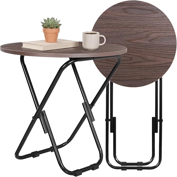 VECELO Patio Outdoor Side Table,17.7 inch Small Folding Table Round Waterproof Wood Table, Foldable Anti-Rust Metal Legs Snack Desk for Garden Balcony,Yard,Living Room