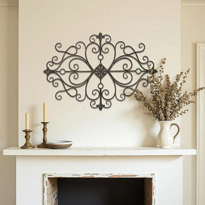 Sintosin Vintage Scroll Wrought Iron Wall Decor 36" x 24", Hanging Distressed Finish Traditional Large Metal Art Wall Decor for Living Room Bedroom Fireplace, Antique Outdoor Metal Home Decor