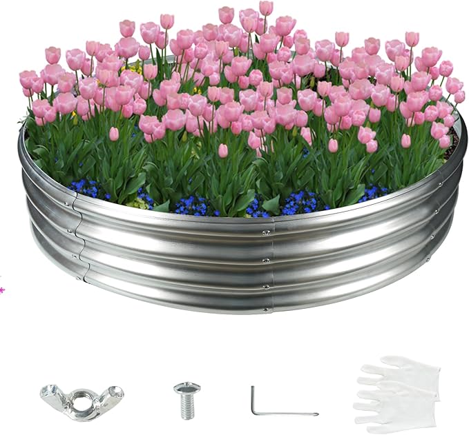 60 Inch Diameter Galvanized Garden Raised Bed/Plant Box/Fire Pit Ring-0.8mm Thick,12 Inch Tall,Crimped Edge and Corner,No Sharpe,Perfect for Plantings (Silver, 60 Dia X 11.5 inches)